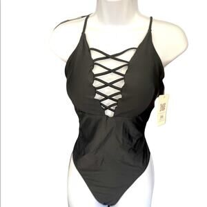 NWT Ekouaer One Piece Bathing Suit Womens L Black High Rise Fitted Strappy Sexy